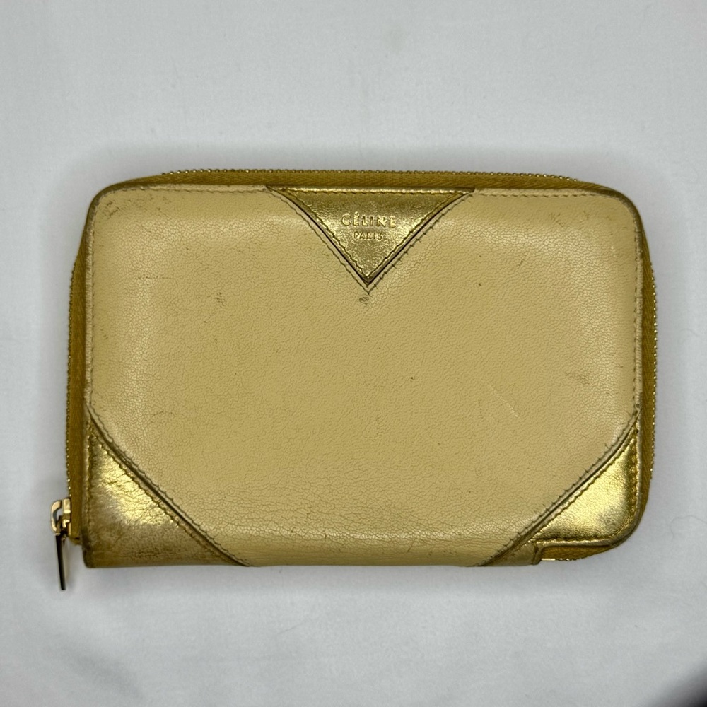 Celine Metallic Gold and Cream Leather Compact Zippy Wallet - COA Included